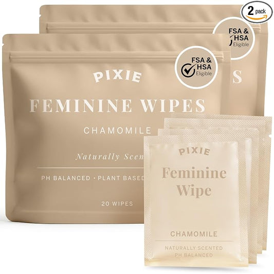 Pixie Menstrual Cup Wipes - Chamomile Scented, Flushable, Biodegradable & pH Balanced - Best Individually Wrapped Wipes for On-The-Go & Public Bathrooms - Wash & Cleaner for Cups & Discs (40 Count)