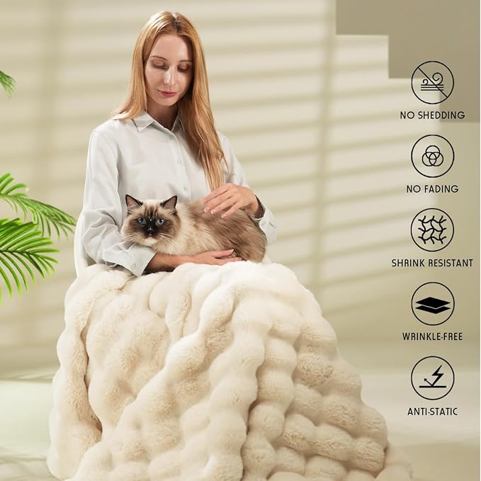 Super Comfort Oversized Warm Thick Bubble Luxury Plush Rabbit Faux Fur Throw Blanket, Fluffy Blanket,Soft Cozy Blanket for Couch Chair Bed Sofa Living Room (White, 75inX90in)