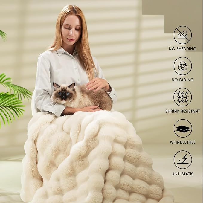 Super Comfort Oversized Warm Thick Bubble Luxury Plush Rabbit Faux Fur Throw Blanket, Fluffy Blanket,Soft Cozy Blanket for Couch Chair Bed Sofa Living Room (White, 50inX60in)