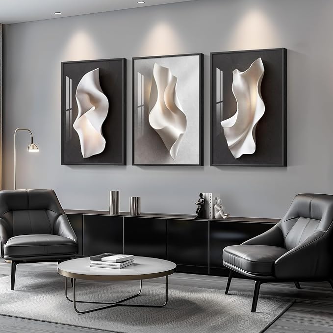 Framed Abstract Black and White Wall Art for Living Room, Large 3 Piece Modern Bright Style Artworks for Wall, Luxury Minimalist Painting Prints for Dining Room Hallway Office Wall Decor, 24x36 Inch