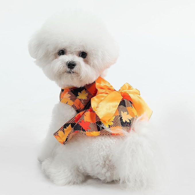 PUPTECK Plaid Dog Dress with Bow Puppy Clothes for Autumn Maple Leaf XS | Puppy Doggie Pet Clothes Outfits Apparel Costume for Wedding Anniversary Holiday Photoshoot for Small Medium Large Dogs Girl