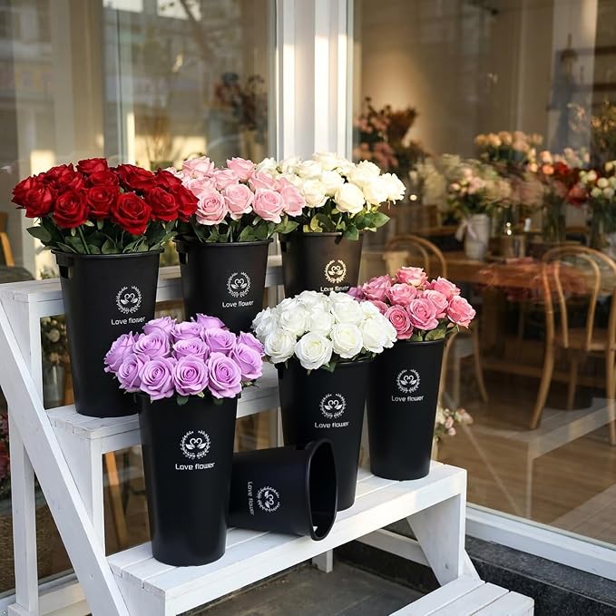 Teyyvn 4-Pack 15.75 Inch Plastic Floral Bucket, Flower Buckets, Black | Durable plastic flower pail, deep design for fresh cut flower hydration