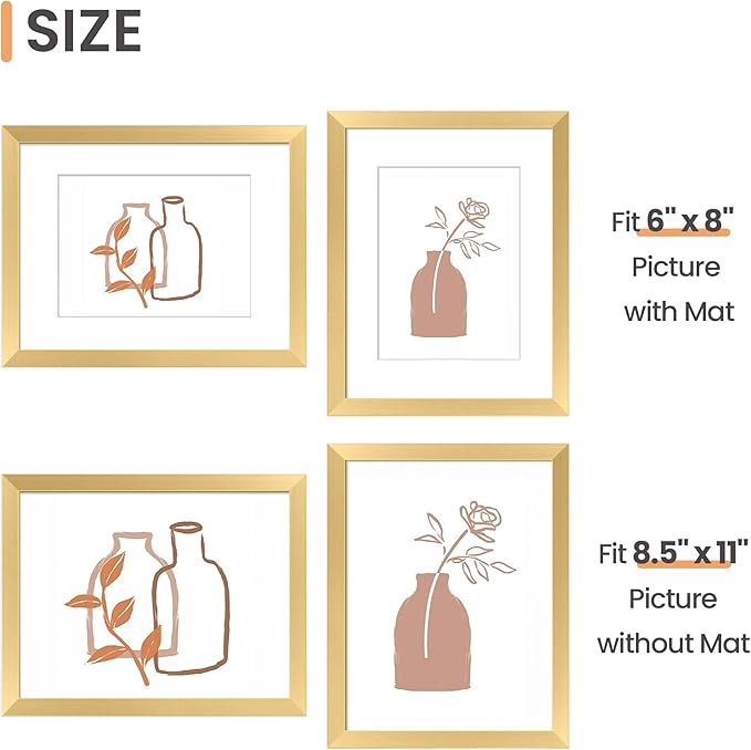 upsimples 8.5 by 11 Picture Frame, Gallery Wall Frames Set of 5, Gold | Photo Frame Collage Wall Decor, 6x8 Picture Frame with Mat for Family, Wedding, Certificate, Diploma, Graduation, Christmas