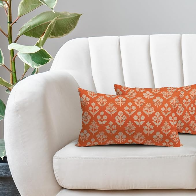 Orange Pillow Covers 12x20 Inch Set of 2, Cream Floral Block Print Pattern Lumbar Decorative Throw Pillowcases Outdoor Farmhouse Rectangle Cushion Covers Spring Summer Sofa Couch Bed Decor