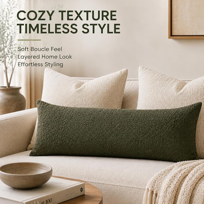 JoraLion 20x54 inch Boucle Body Pillow Cover, Army Green Woven Texture Neutral Long Pillow Cover Breathable Cushion Case for Couch Sofa Bed Living Room Home Decor (Cover Only)
