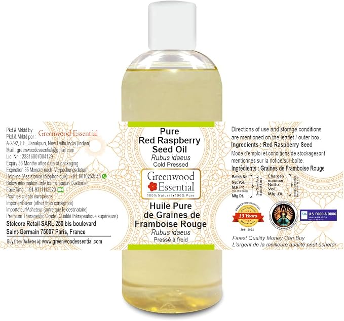 Greenwood Essential Pure Red Raspberry Seed Oil (Rubus idaeus) Cold Pressed 200ml (6.76 oz)