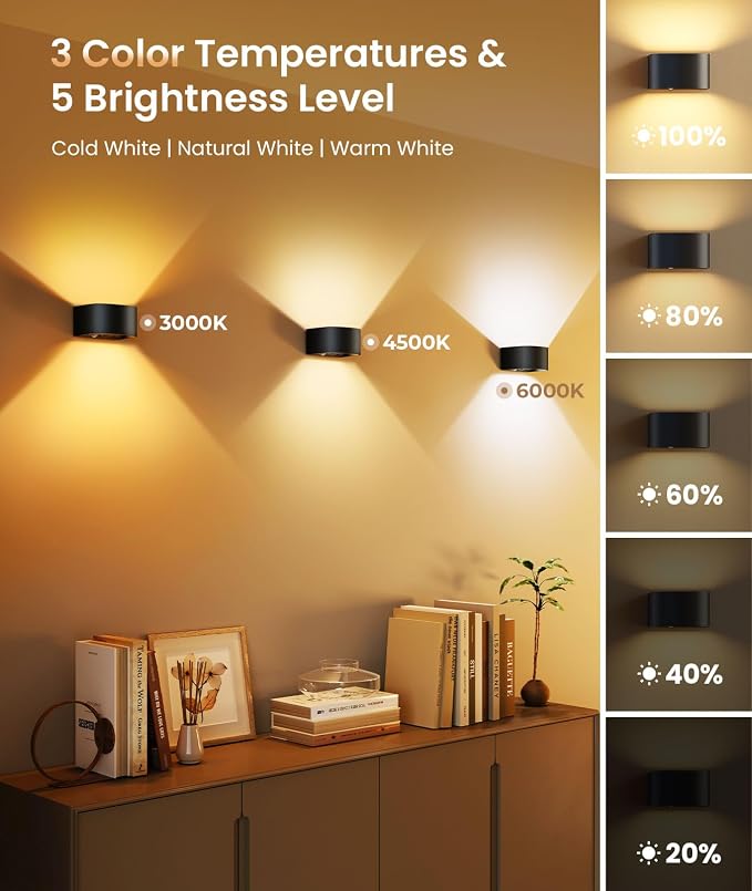 FULEN Motion Sensor Wall Light with Remote Control 3 Colors Wireless Wall Lamp LED Indoor Up and Down Wall Sconce 5000mAh Rechargeable Battery Powered Wall Lamps Brightness Adjustable, 2 Pack
