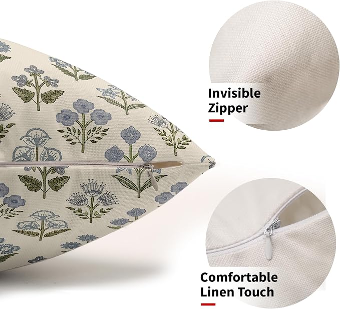 Blue Green Block Print Lumbar Pillow Covers 12x20 Inch Set of 2, Vintage Floral Decorative Throw Pillow Cases Boho Cushion Covers Rustic Decoration Gift Farmhouse Sofa Couch Bed Decor