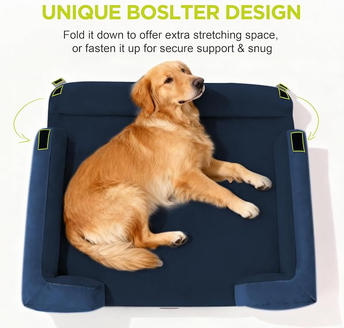 Waterproof Orthopedic Dog Bed for Extra Large Sized Dogs | Memory Foam Pet Bed Sofa with Bolster, Dog Couch with Washable Cover & Non-Slip Bottom, 45x35 Inch, Royal Blue
