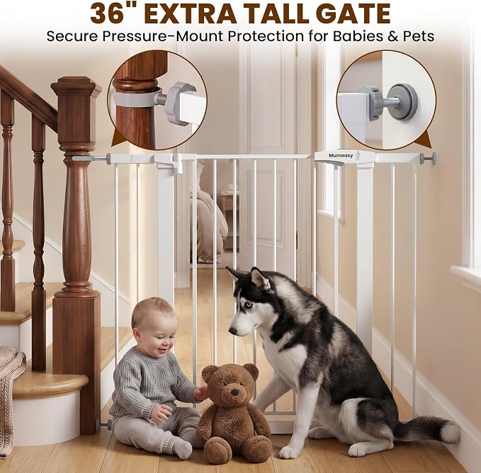 Mumeasy 36" Extra Tall Baby Gate for Stairs, 29.7-43" Auto Close Dog Gate