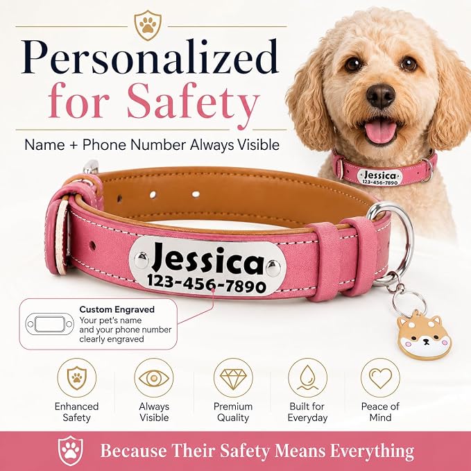 Personalized Leather Dog Collar with AirTag Holder Case, Custom Engraved Nameplate Dog Collar, Adjustable Genuine Leather Soft Padded Dog ID Collar for X-Small Small Medium Large X-Large Dogs-Pink-XL