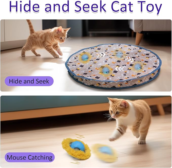 Giociv Interactive Cat Toys Ball Fast Rolling in Pouch, Motion Activate Chirping Cat Toy Hide and Seek Mouse Catching Game (Blue)