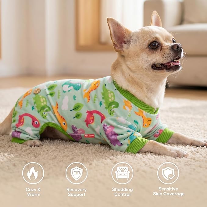 KYEESE Velvet Dog Pajamas for Small Dogs Soft Onesie Shirt, Dinosaursk | 4-Way Stretch, Lightweight & Breathable, Reduces Shedding, Gentle on Sensitive Skin, Recovery Support, Easy Potty Breaks