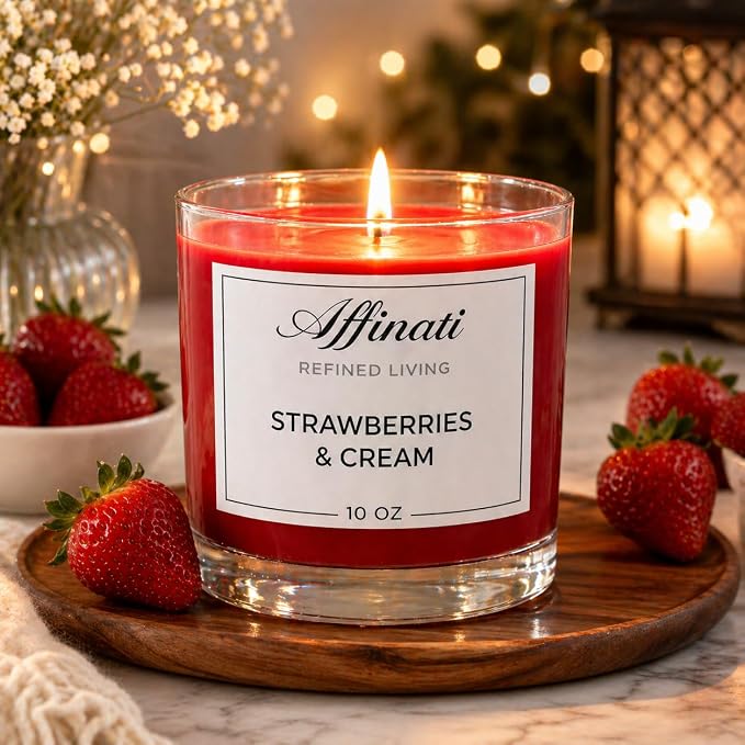 Strawberries & Cream Affinati 10 oz Scented Candle for Home – Long Lasting Fruity Soy Blend Candle with Wooden Wick, Strong Scent Throw Glass Jar Candles, Premium Clean Burning Aromatherapy Gifts