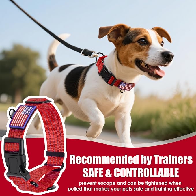 Martingale Dog Collar Reflective NO Pull with USA Flag, L,Red
