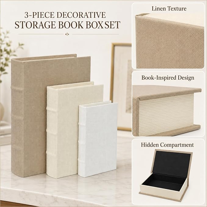 Decorative Book Boxes Set of 3, Linen Storage, 13" | Living Room Decor, Bedroom Decor, Office Decor, Bookshelf Display, Coffee Table, Farmhouse, Rustic, Vintage Style