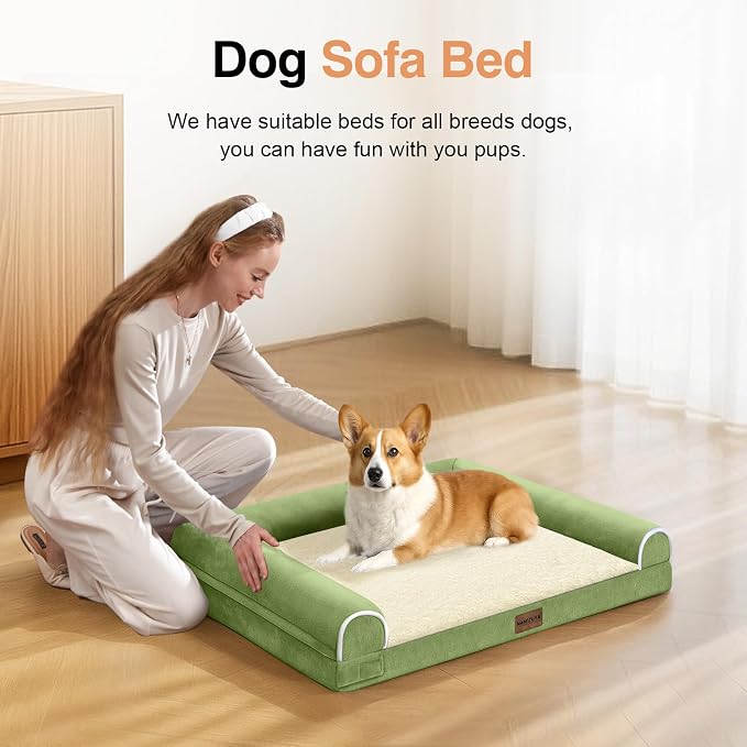 Orthopedic Dog Bed for Small Dogs, 24 x 16 Inch, Grass Green | Egg crate foam for joint support, 3-sided bolster pet sofa, waterproof lining, washable cover, and non-skid base