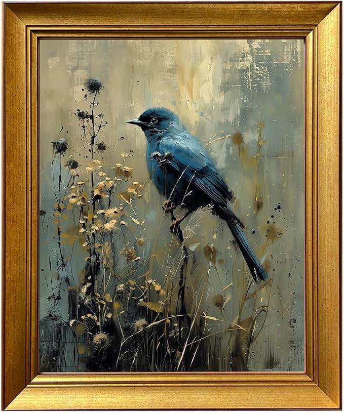 Vintage Blue Bird Painting Gold Framed Wall Art Dark Cottage Core Farmhouse Canvas Print Academia Gothic Aesthetic Moody Botanical Woodland Artworks for Bedroom Living Room Decor