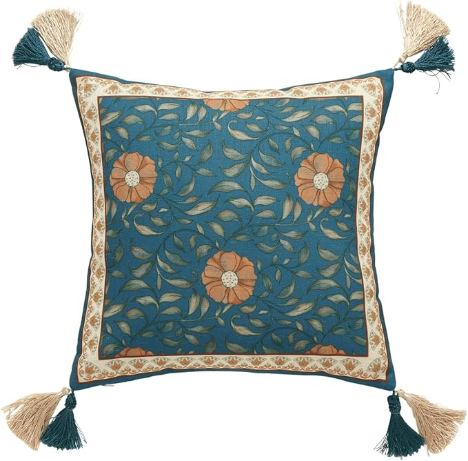 patdrea Designer Vintage Linen Throw Pillow Cover,18"x18"-Wensel A | Decorative Pillow Case,Teal Floral Pattern,Pillow Cover for Couch Living Room Bedroom Sofa,Fringe Trim