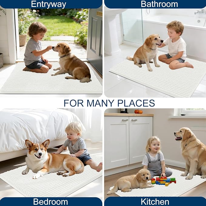 OLANLY Dog Door Mat for Muddy Paws 59x20, Extra Absorbent Chenille Mud Mat | Ivory, Absorbs Moisture and Dirt, Non-Slip Machine Washable Doormat, Quick-Drying Indoor Entryway Floor Mat for Dogs