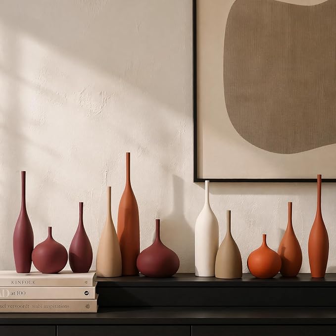 Ceramic Vases Set of 3, Modern Boho Vases for Centerpiece Decor, Matte Terracotta Brown Minimalist Decorative Vases for Home Decor, Living Room, Bookshelf, and Entryway Table Decor