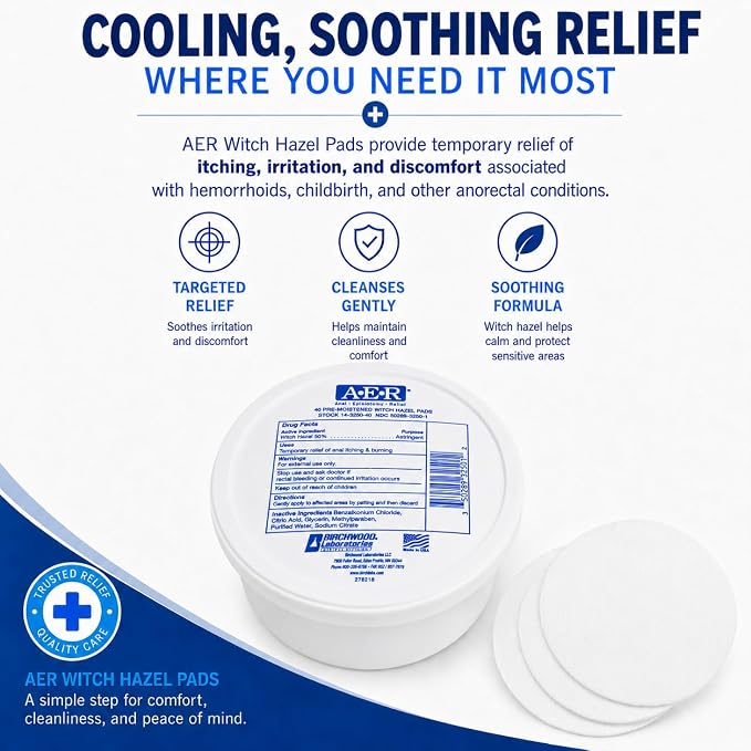 Birchwood Laboratories A-E-R Pre-Moistened Medicated Cooling Witch Hazel Pads For Hemorrhoid & Postpartum Relief, 40 Count