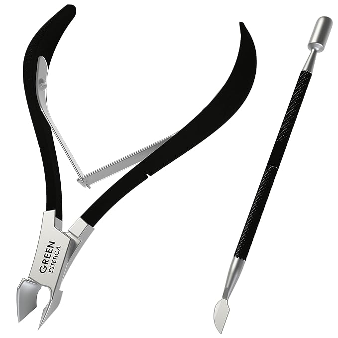 GREEN ESTETICA Professional Cuticle Trimmer with Cuticle Pusher Nail Cuticle Remover Nipper Silver Stainless Steel Sharp Blades Manicure Tools with Double Spring Nail Care Pedicure (Pack 2 - Black)
