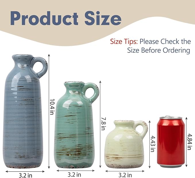 Ceramic Vase Set of 3, Vase Home Decor with Handle, Waterproof Vases | Farmhouse Vases Home for Pampas Grass & Dried Flowers, Flower Vase for Table Living Room Home Decor-Multicolor
