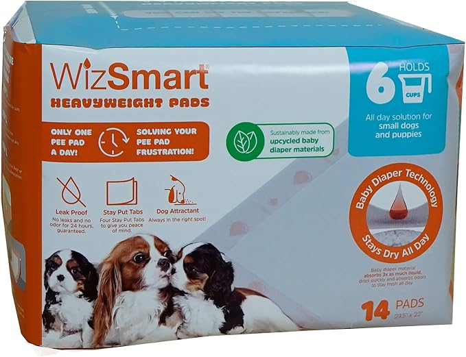 Wizsmart Heavyweight Dog Pads – Absorbent, Leak-Proof Pet Training Pads with Stay Put Tabs – Indoor & Outdoor Use for Small Dogs, Crates, Travel – Eco Friendly Upcycled Materials, 14 Count