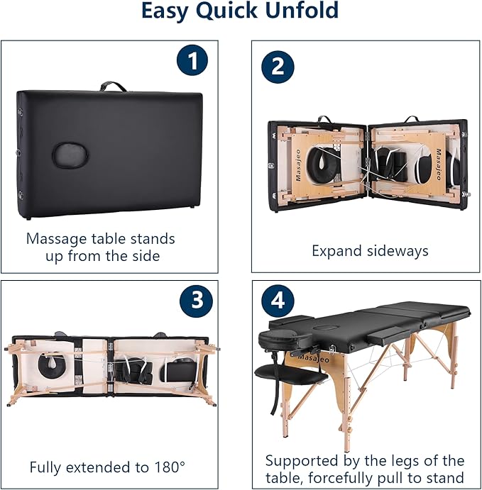 Portable Massage Table Massage Bed Professional SPA Reiki Eyelash Salon Bed, Wooden Frame Height Adjustment & Accessories, Black (3-Section)