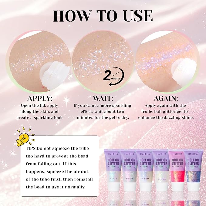 DAGEDA Roll-on Body Glitter,Holographic Eye Face Hair Glitter Gel for Festival Outfit Mermaid Accessories,Chameleon Color Body Shimmer Makeup Rave Outfits Accessories for Women 50ml (Pink)