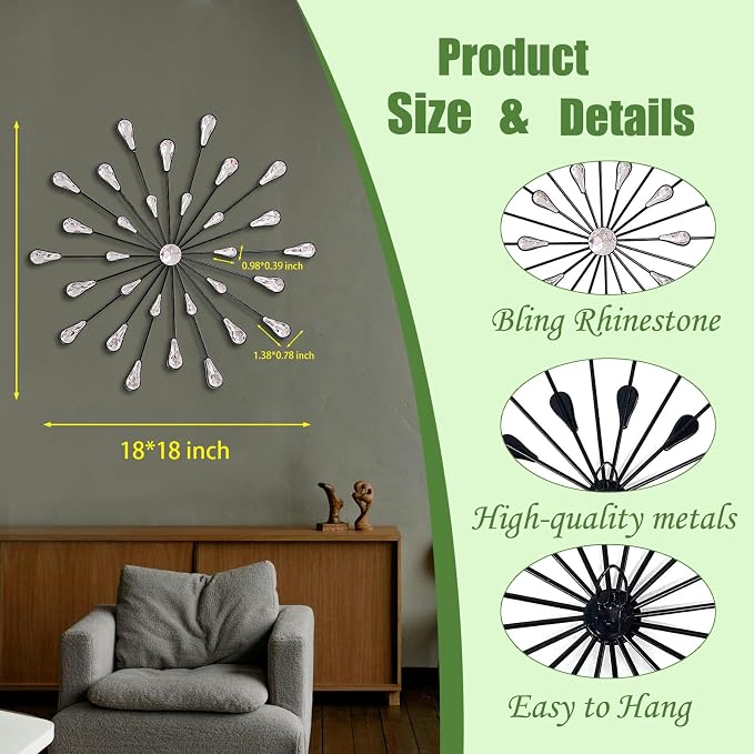 ZEXUIRU 3 Set Black Starburst Wall Art for Home Decor Metal Bling Crystal Rhinestones Sunburst Wall Decor Sparkling Rhinestone Art Accent Black - 18in