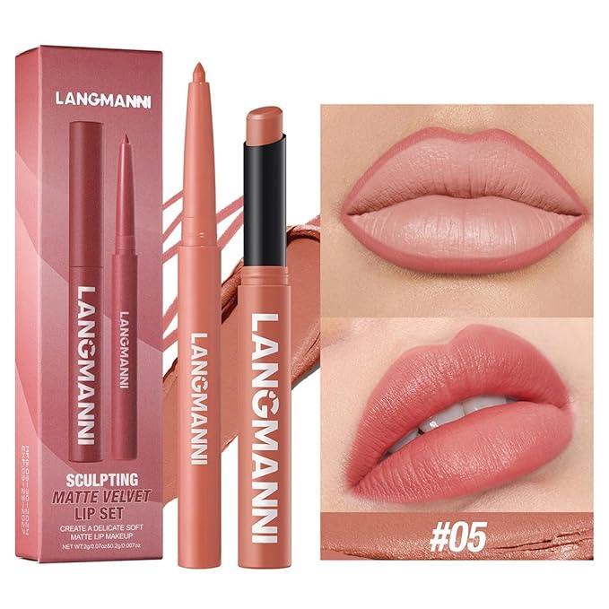 Lip Liner + Lipstick Set (12 Shades) -Matte Lipstick for Women, Silk Finish Hydration Lip Kit, Waterproof Smooth Creamy Texture, Bold to Nude Shades for Everyday & Party Wear, Makeup Gift (05)