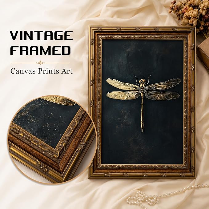 Vintage Framed Dragonfly Picture Wall Art,Gothic Insect Wall Decor16X12in | Dark Retro Farmhouse Style For Ideal For Bedroom, Study, Hallway, Office Or Entryway.