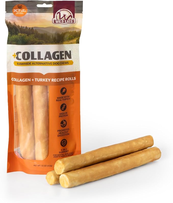 Wild Eats Turkey Flavor Collagen Cheek Rolls 10" 3pk, Pig Ear Substitute | Long lasting treats and bones for medium dogs, retriever style texture, 3 per bag, satisfies natural gnawing urges daily