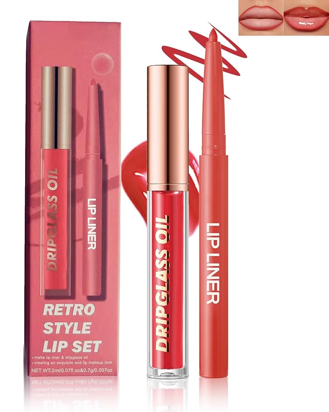 Matte Nude Lip Liner Red Lipstick&Hydrating Glow Lip Oil Lip Combo Set,Moisturizing Plumping Lips Gloss&Smooth Lipliner Liquid Lipstick Long-Lasting,2 in 1 Women Tinted Liptint Stain Balm Makeup-10