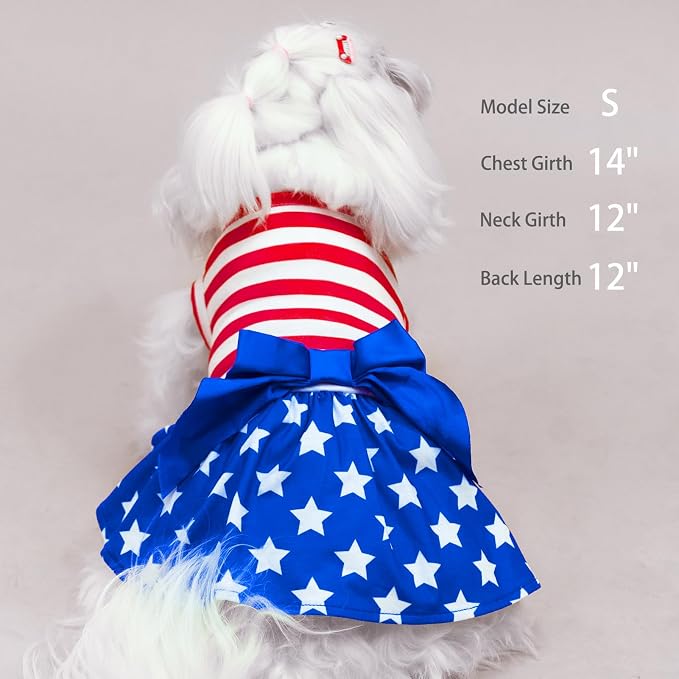 PUPTECK Print Dog Dress with Bow 4th of July Outfit Puppy Clothes XS | Flag Stars and Stripes Patriotic Outfits Apparel Costume for Celebration Holiday Party Photoshoot Puppy Doggie Pet Clothes