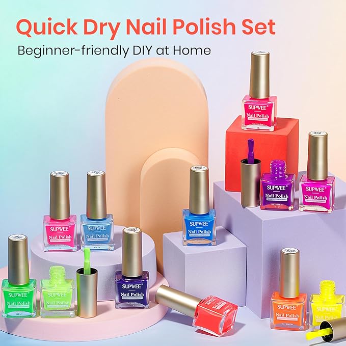 Bright Neon Nail Polish Set, Summer Rainbow Quick Dry Regular Bulk Nail polish Non Gel, Air Fast Drying Fingernail Lacquer for Women Girls Manicure Salon DIY Home