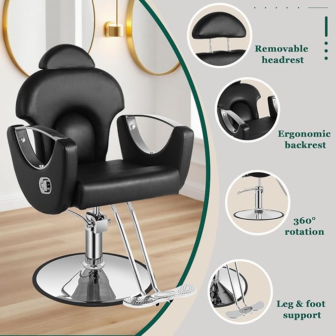 Black Reclining Salon Chair for Hair Stylist, Heavy Duty Hydraulic Pump Barber Hair Chairs, 360 Swivel Styling Chairs for Home Barbershop Beauty Spa Equipment