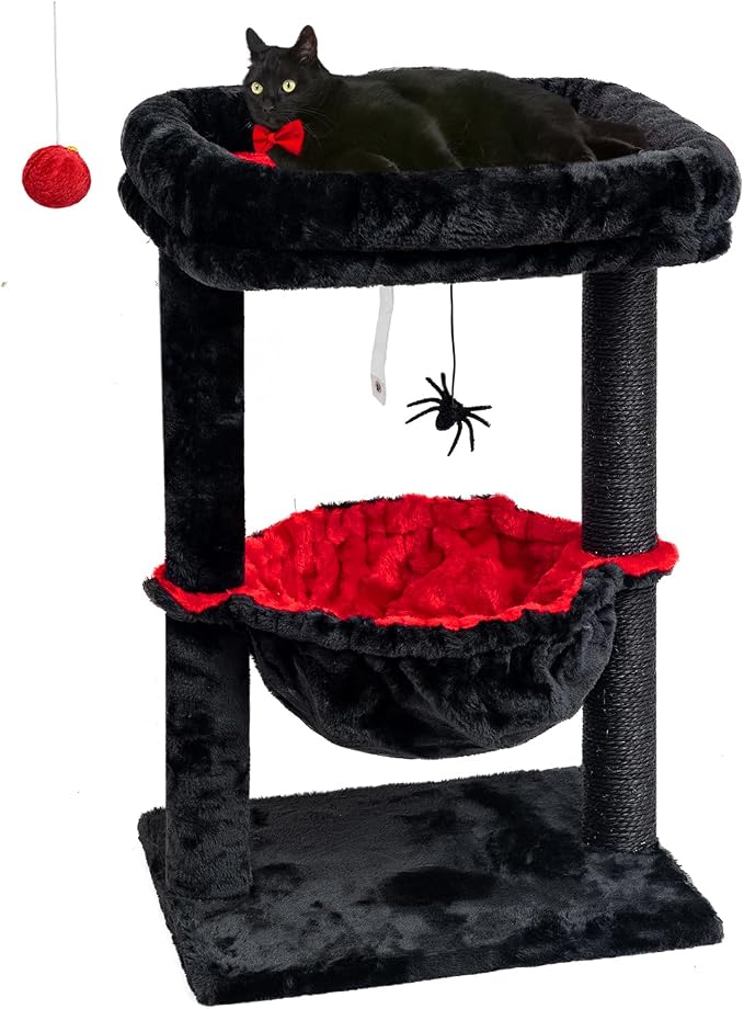SYANDLVY Gothic Cat Tree with Coffin Bed for Indoor Cats, Activity Tower | Scratching Post for Kittens, Cat Condo Furniture with Basket & Spider Hanging Ball for Play Rest