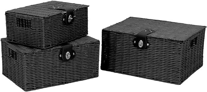 Set of 3 Woven Wicker Storage Basket Box with Lids & Lock, Built-in Carry Handles, Multifunctional Storage Organizer for Nursery, Baby, Clothes, Toys, Books, Large/Medium/Small Size (Black)