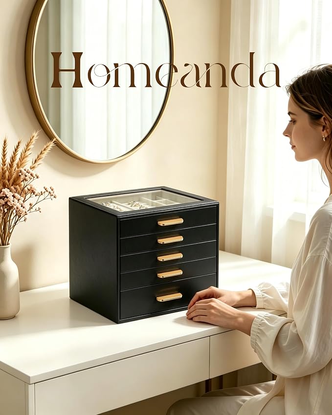 Homeanda Jewelry Boxes Organizer with Glass Lid, 5-Layer PU Leather, Black | Modern style display case with 5 drawers for daily jewelry, women, mom or girl gift