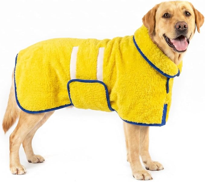 Bienbee Dog Bathrobe, Super Absorbent for Small to Large Dogs, Yellow L | Dog Robes with Soft Fleece, Warm & Cozy, Adjustable Fit, and Quick Drying Coat for Baths Swimming and Grooming