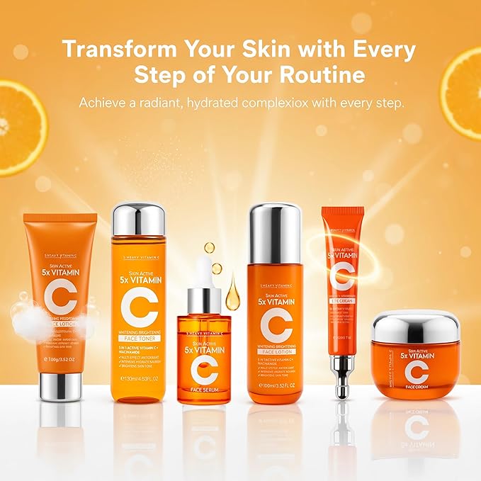 Vitamin C Skincare Set for Women – 6-Piece Hydrating Face Care Kit, Anti-Aging Routine & Moisturizing Skincare Gift Set for All Skin