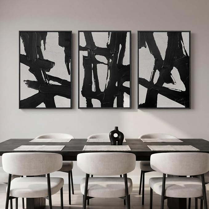 Large Framed Black and White Abstract Wall Art for Living Room, 3 Piece Canvas Prints Paintings Artwork for Walls, Modern Minimalist Wall Decor for Bedroom Dining Room Office hallway 24x36 In