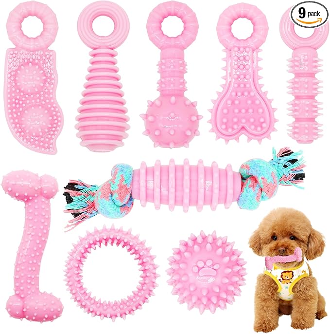 Puppy Toys, 9 Pack Puppy Chew Toys for Teething, Cute Pink Small Dog Toys, Teething Toys for Puppies, Soft Durable Interactive Dog Chew Toy for Small Dogs