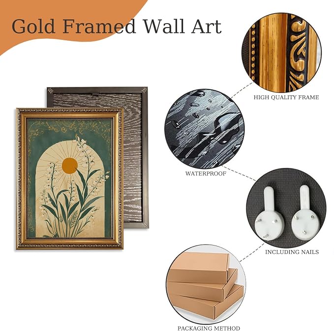 Lily of the Valley Gold Framed Wall Art Vintage Wall Decor Sun Arch Art | Moody Botanical Pictures Canvas Boho Emerald Green Small Framed Prints Artwork for Entryway Shelf Bedside Tables Gallery Wall