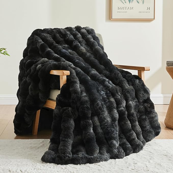 BEDELITE Faux Fur Throw Bubble Blanket for Couch, 50" x 60", Tie-Dye Black | 870GSM Soft Cozy Plush Blanket for Sofa & Bed Living Room Decor, Warm Fuzzy Faux Rabbit Fur for Women Gift, All Season Use