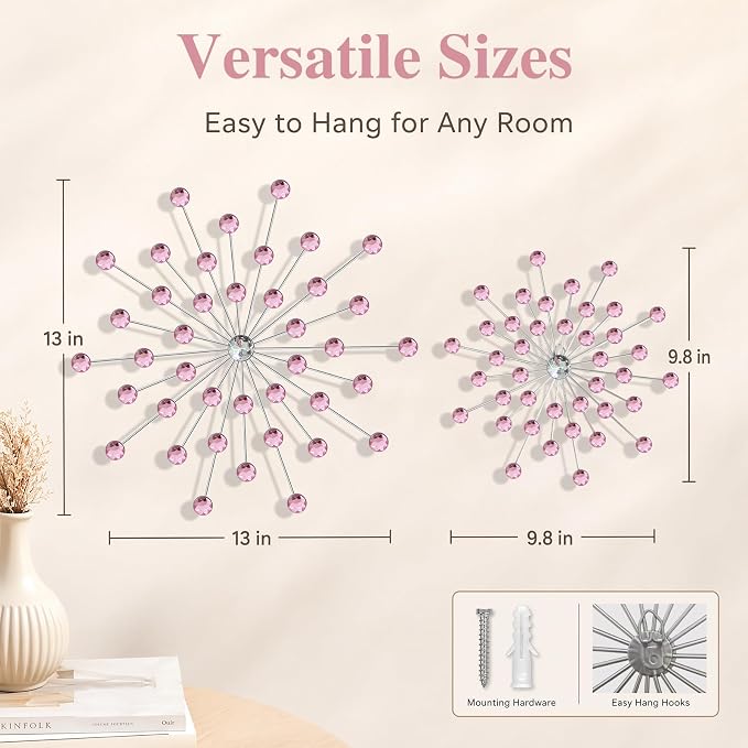 ZEXUIRU 4 Set Silver Starburst Wall Art for Home Decor Metal Bling Crystal Rhinestones Sunburst Wall Decor Sparkling Rhinestone Art Accent Silver - 13 in