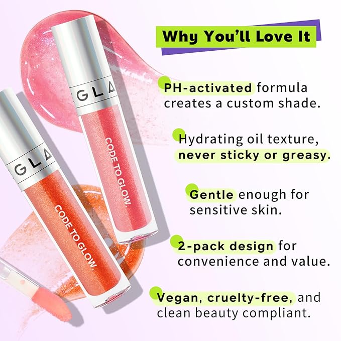 Glam Code Lip Gloss Set – Color-Changing Lip Gloss for Daily Glow – Glossy Lip Oil with Vitamin E & Shea Butter for Deep Hydration Lightweight, Non-Sticky & Sensitive Skin Friendly